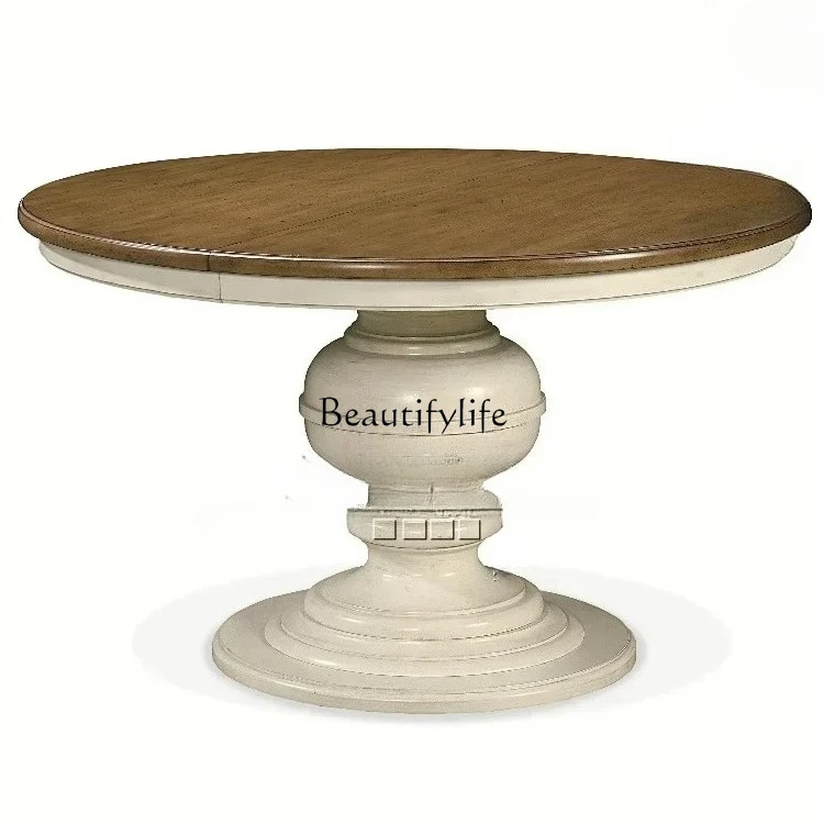 

French Retro Solid Wood Dining Table And Chair Combination, American Rural Solid Wood Round Dining Table, Living Room Furnit
