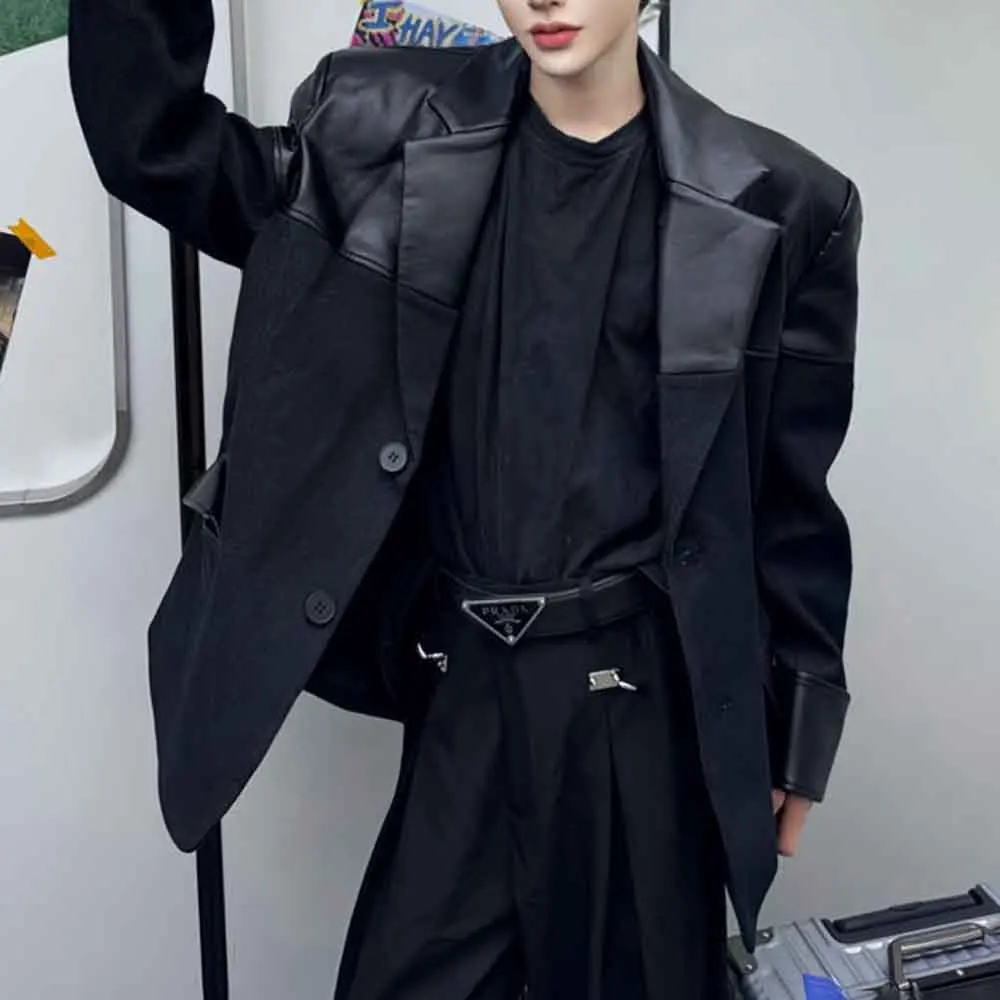 

Winter Men's Solid Color Patchwork Long-Sleeved Suit Jacket American Retro Fashion Trendy High Street Casual Loose Men's Top