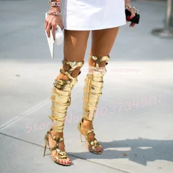 Gold Mirrored Leather Gladiator Sandals Female Luxury Hollow Buckle Strap Open Toe Stiletto Heel Lady Elegant Party Sexy Sandals