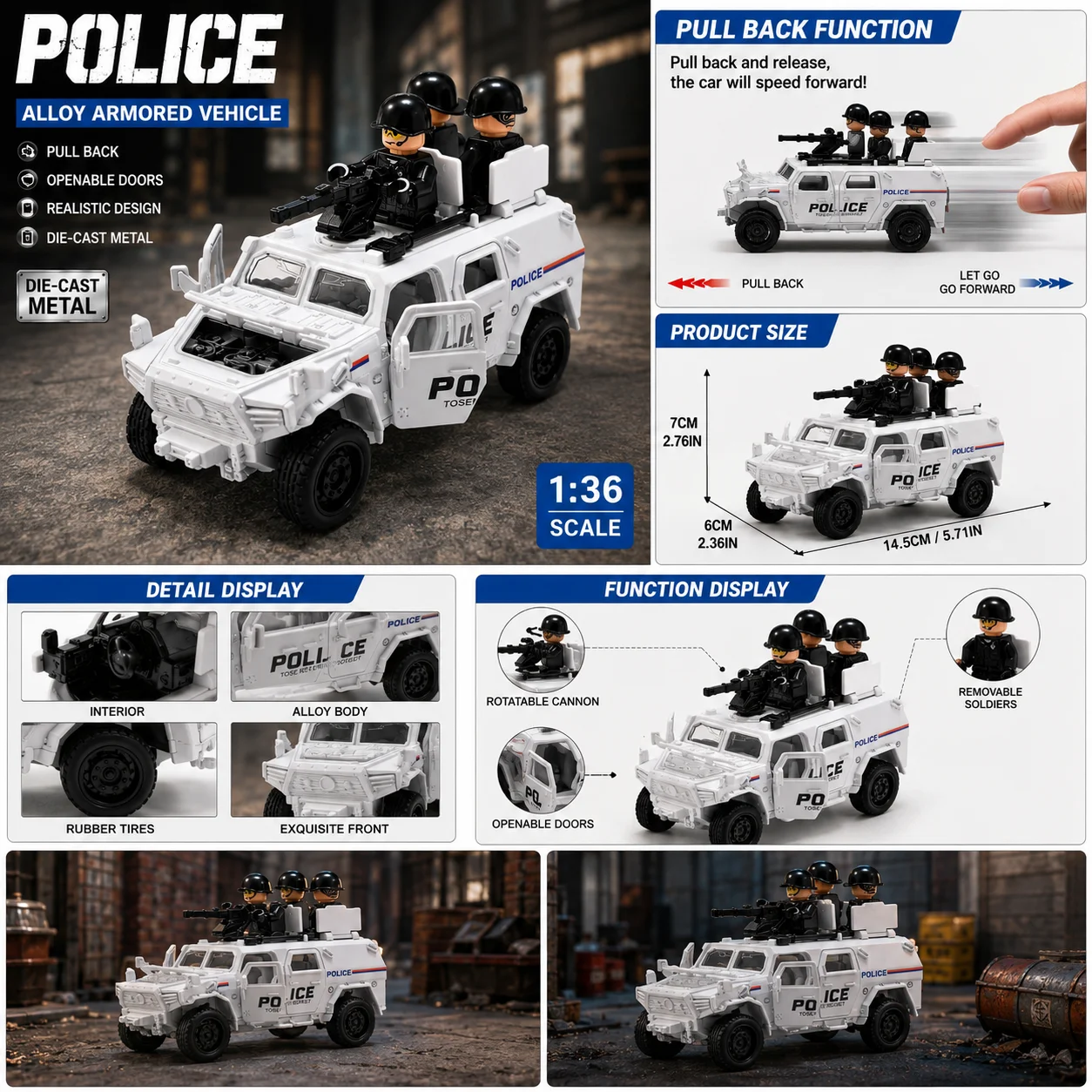 (Corrugated box) 1/36 scale, with a small doll police car style toy car, strong spring mechanism, metal casting,