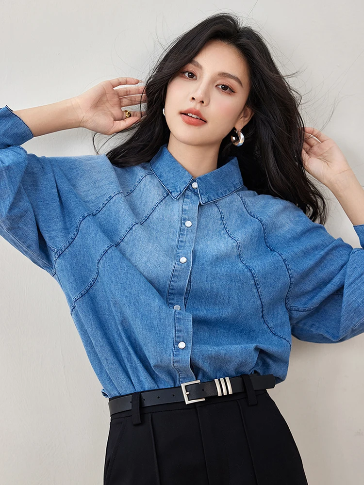 Retro Long Sleeve Denim Shirt Women Casual Solid Color Turn Down Collar Shirts Single Breasted Loose Casual Shirts 2024 Autumn