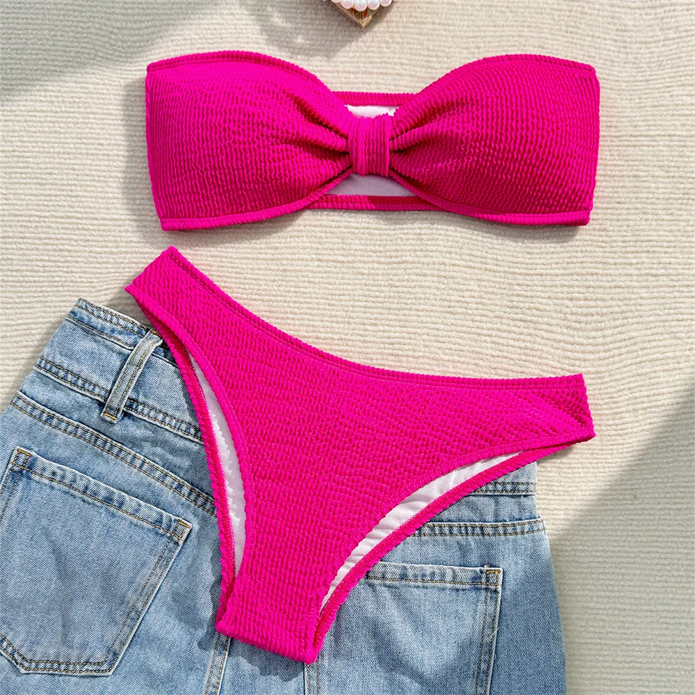 Sexy Rose Red Bikini Bandeau Swimsuit Y2K Rib Vacation Swimwear Backless Strapless Bikinis Thong Women Beach Outfit Bathing Suit