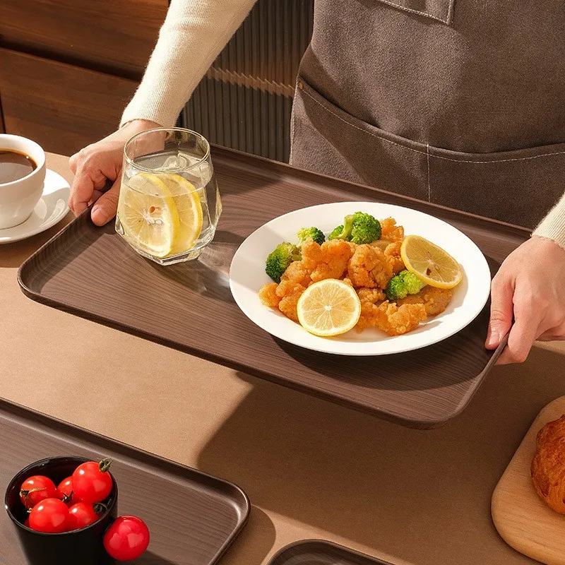 Wood-Grain Plastic Rectangular Serving Tray-Multi-Purpose St