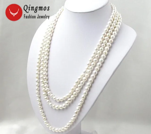 Qingmos Trendy Natural Pearl Necklace for Women with 6-7mm Round White Pearl 80