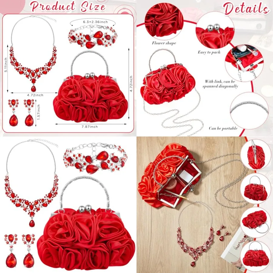 Juego de 4 piezas de joyería de diamantes de imitación con diseño floral, bolsos de mano tipo clutch con forma de rosa, con correa desmontable, collar, pendientes y pulseras desmontables