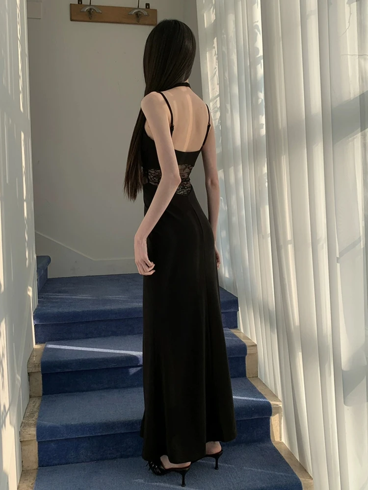 RORORIRI 쉬어 레이스 스티치 홀터 캐미솔 드레스 여성 백리스 솔리드 슬림 스트레치 Bodycon 인어 롱 드레스 섹시한 복고풍 옷