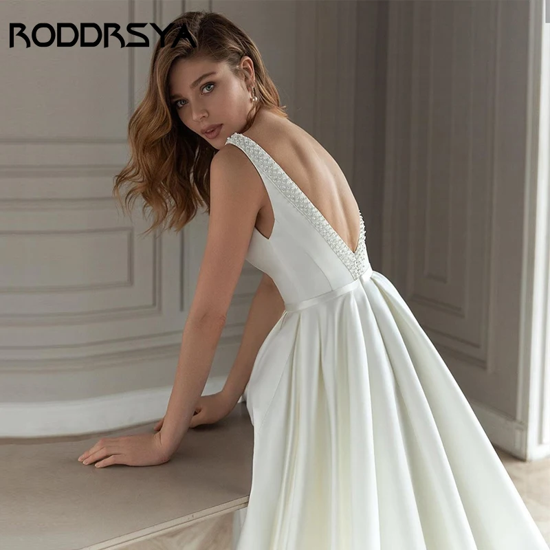 RODDRSYA-Vestido de novia blanco elegante, línea A, sin espalda, con manchas, cuello en V, liso, drapeado, personalizado Roddrsya elegante vestido de novia blanco sin teñir de espaldas a la letra a vestido de novia V