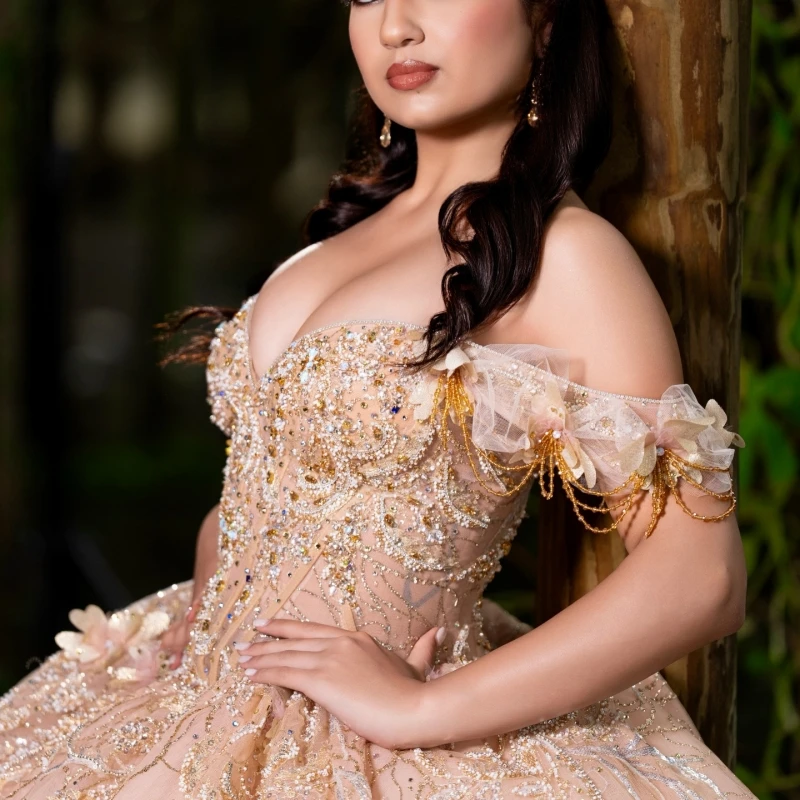 

Pink Shiny Ball Gown Quinceanera Dresses Sequin Applique Flower Beading Crystal Tull Corset Off Shoulder Sweet 16 Dress Vestidos