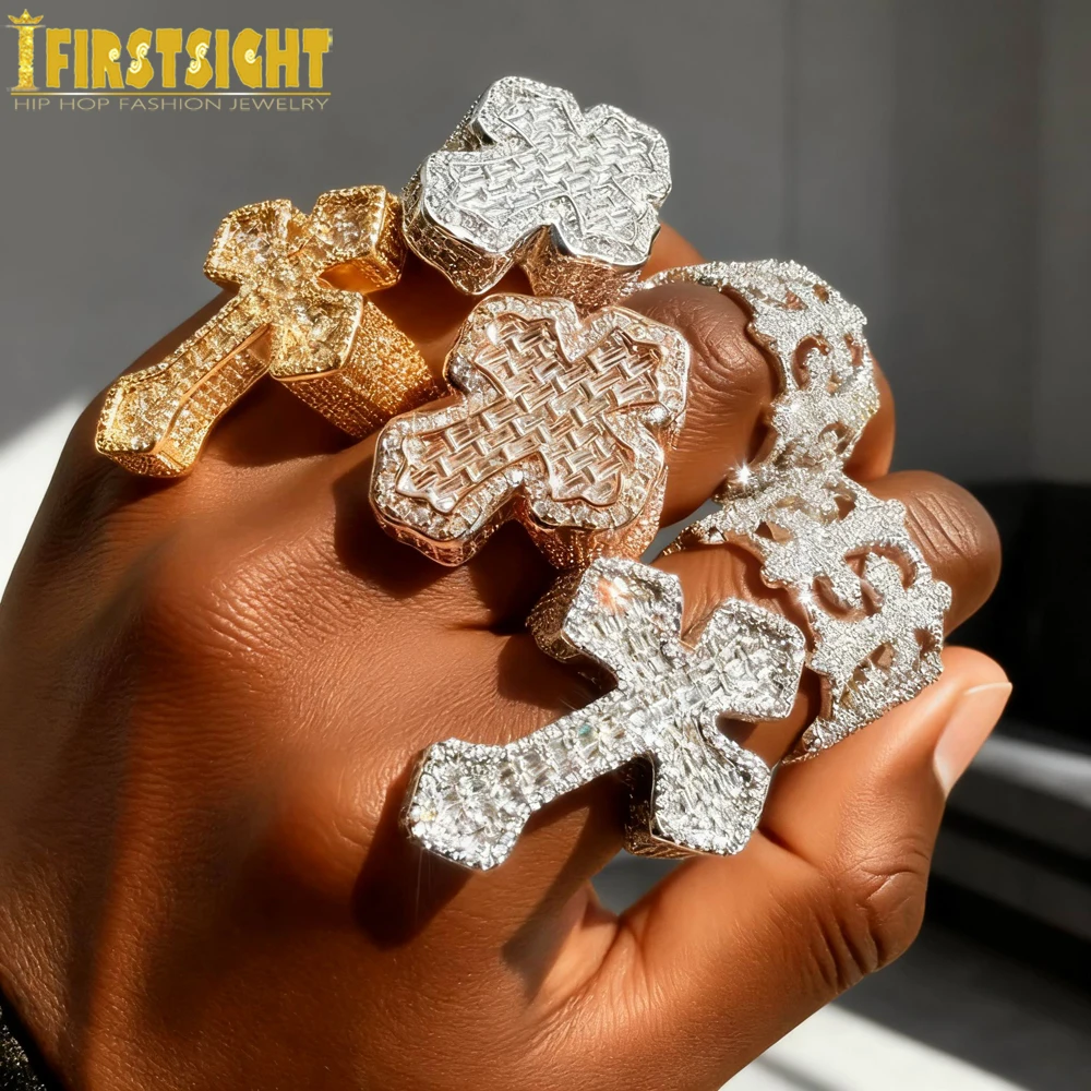 

Iced Out Cross Finger Ring Bling AAAAA Zircon Prong Setting Fashion Luxulry Men Hip Hop Jewelry for Gift