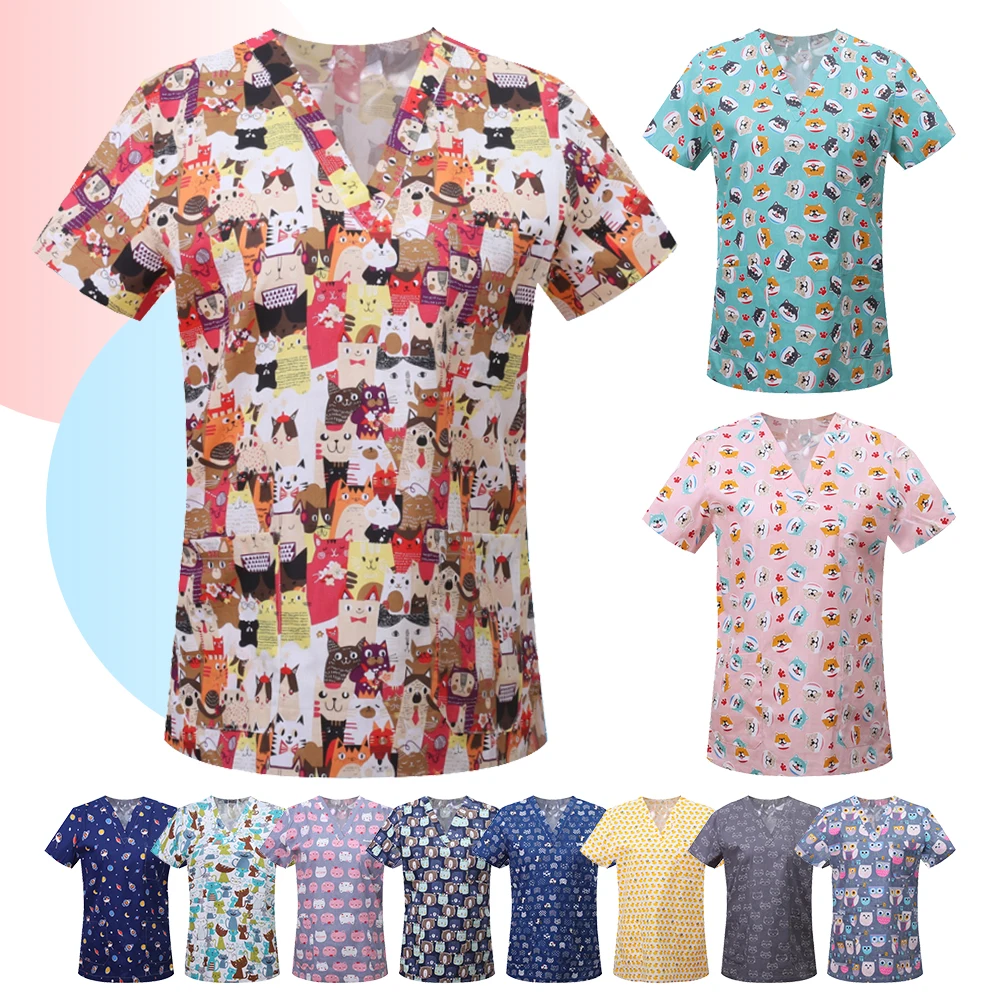 Uniformes de enfermera con estampado para mujer, blusa médica con cuello en V de manga corta, monos de trabajo, enfermería, Spa, Odontología de mascotas