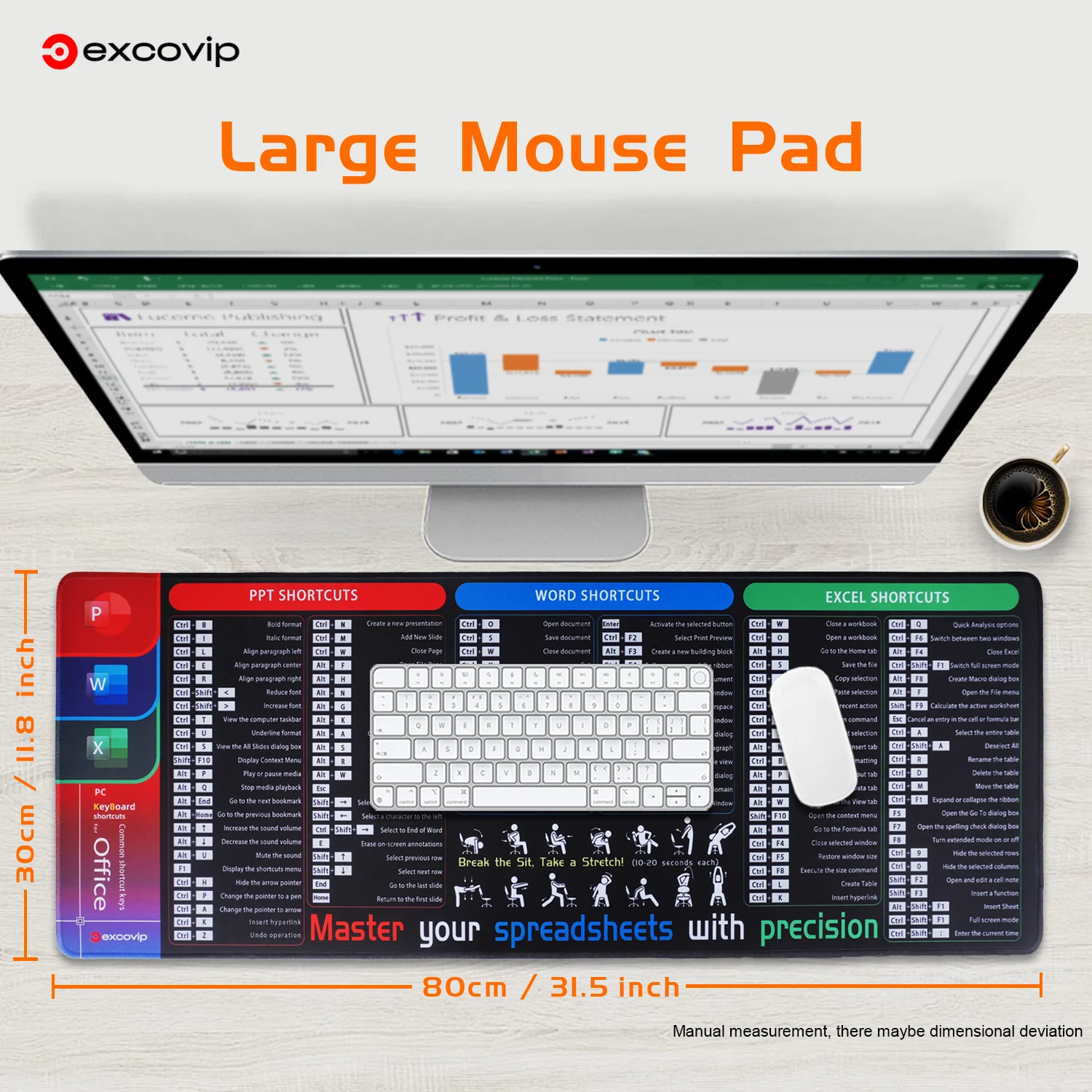EXCO Excel bantalan Mouse, alas meja Dasar anti selip, tepi dijahit, lembaran uang PPT, huruf besar, untuk rumah dan kantor
