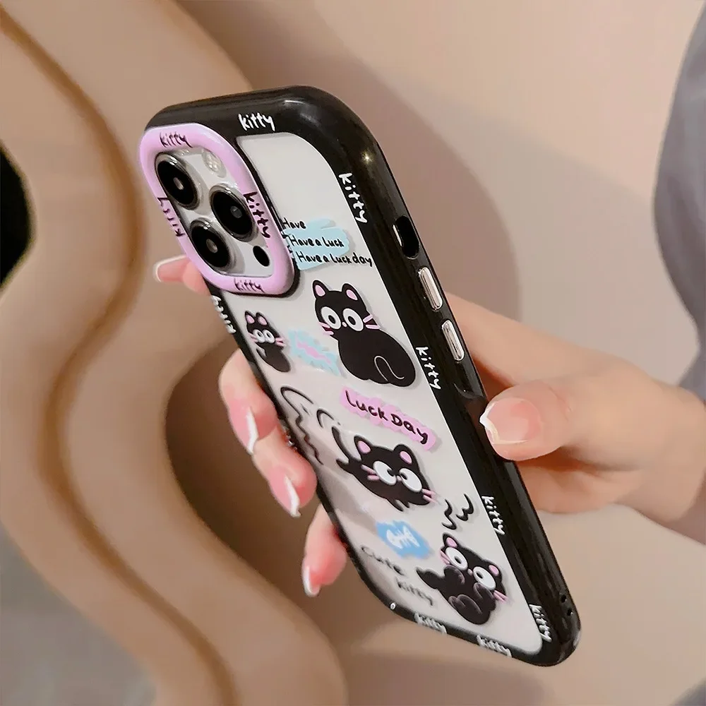 재미있는 검은 고양이 새끼 고양이 실버 만화 팔찌 전화 케이스, 아이폰 16, 15, 14, 13, 12, 11 프로 맥스, Xr, 15, 14, 16 플러스, 귀여운 커버