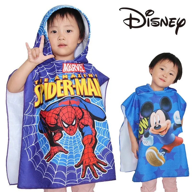 Disney Mickey Spiderman kreskówkowy ręcznik kąpielowy Anime z mikrofibry bawełna ręcznik plażowy z kapturem dzieci kąpielowy myjka dla niemowląt