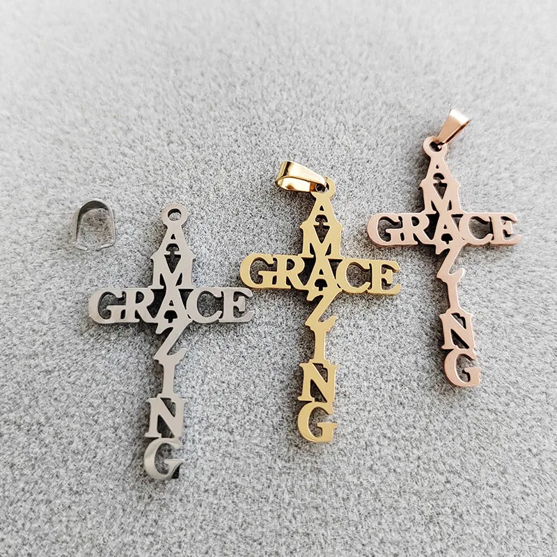 Wholesale 10pc/lot DIY Big Cross Amazing Grace Stainless Steel Charms Pendant Making Jewelry Parts Customized Items Are Welcomed