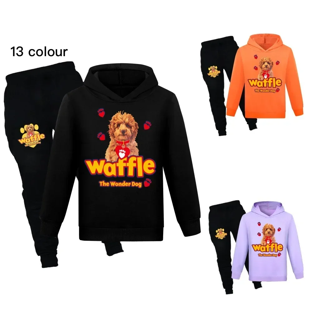 Children The Wonder Dog Waffle Clothes Kids Spring Autumn Fashion Hoodie+Pants 2pcs Set Boys Tracksuit Girls Pullover Sportswear