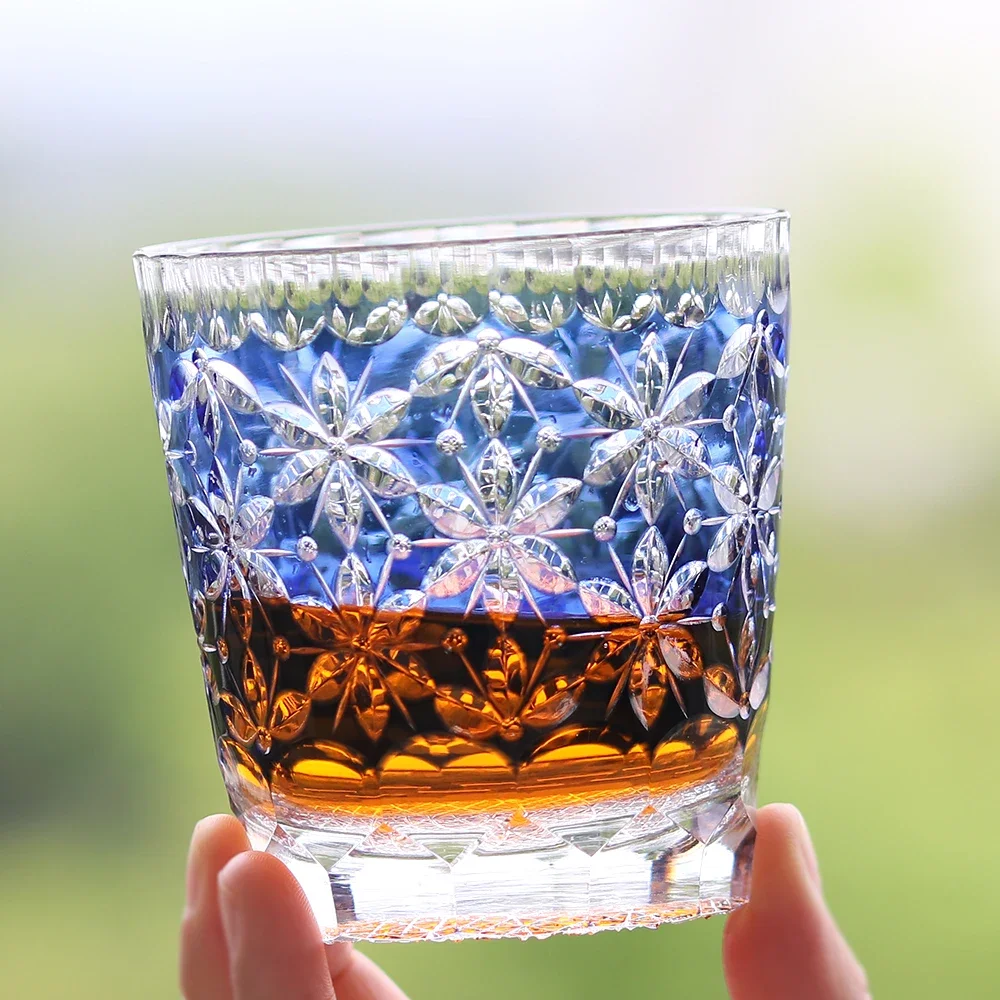 24% PbO Lead Blue & Green Crystal Whiskey Glass Japanese Edo Kiriko Hand Carved Pattern Artwork Old Fashioned Cocktail 320ml