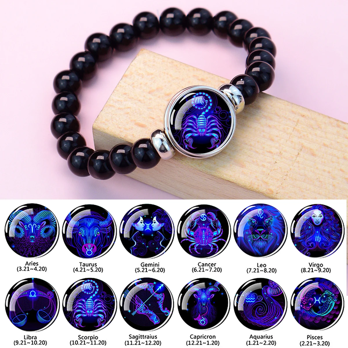 Bracelet à perles signe du zodiaque, 12 constellations, bracelet élastique avec breloque bouton, cadeau d'anniversaire