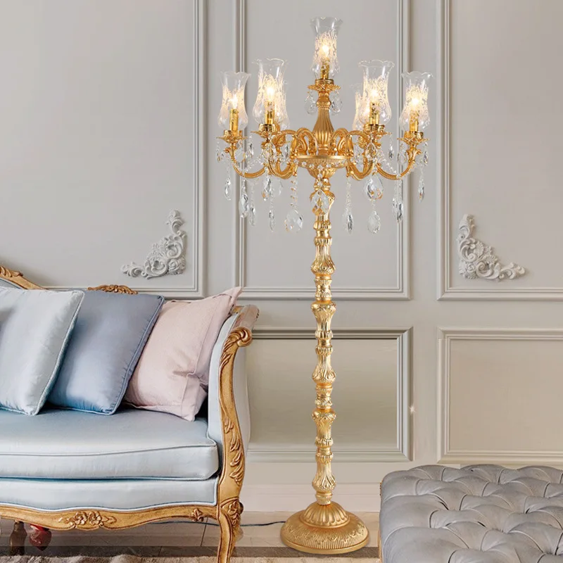 European-style Zinc Alloy Crystal Floor Lamp Gold Elegant Villa Lobby Floor Lamp Hotel Corridor Bedroom Decorative Stand Light
