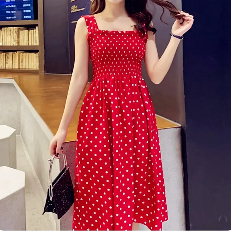 2025 Estate Befree Beach Lungo Vintage Puntini Casual Ruffles Elegante Maxi Strap Camis Setoso 5XL Abito Abiti Donne Sexy
