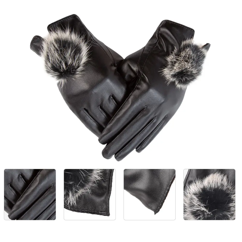 

Touch Screen Warm Gloves Women Winter Pu Anti-Wind Waterproof Lined Lightweight Snap Closure Grip Protection Cycling
