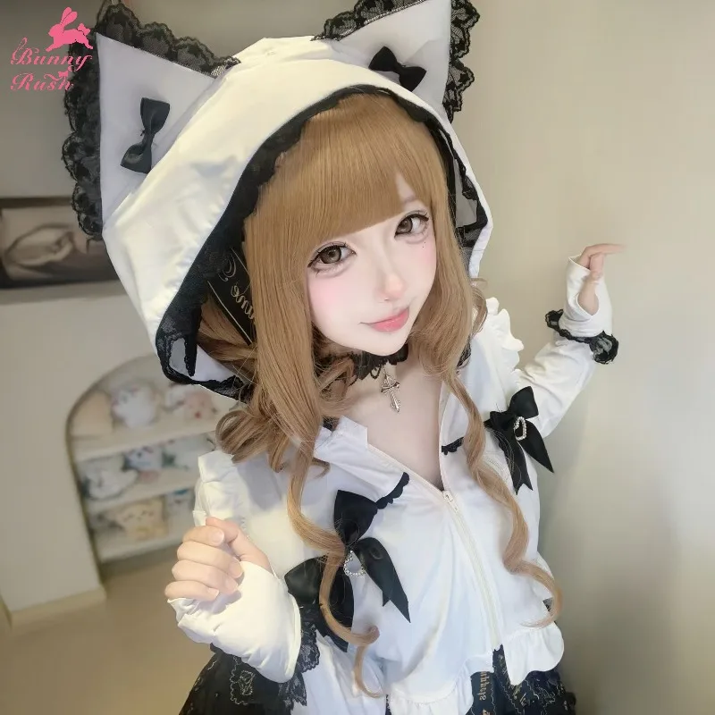 Japanese Cat Ear Cool Sun Protection Stand-Up Collar Sweatshirt Coat Sweet Cute Mass-Produced Long Sleeved Short Zipper Hoodies