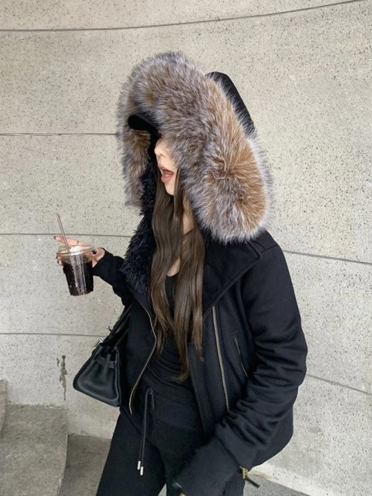 ฤดูหนาวเสื้อฮู้ดเก๋ผู้หญิงวิทยาศาสตร์ Y2k สตรีทแวร์เสื้อแขนยาวกรันจ์เสื้อ 2000s ผ้าขนสัตว์ลูกแกะเสื้อแจ็คเก็ตใหม่