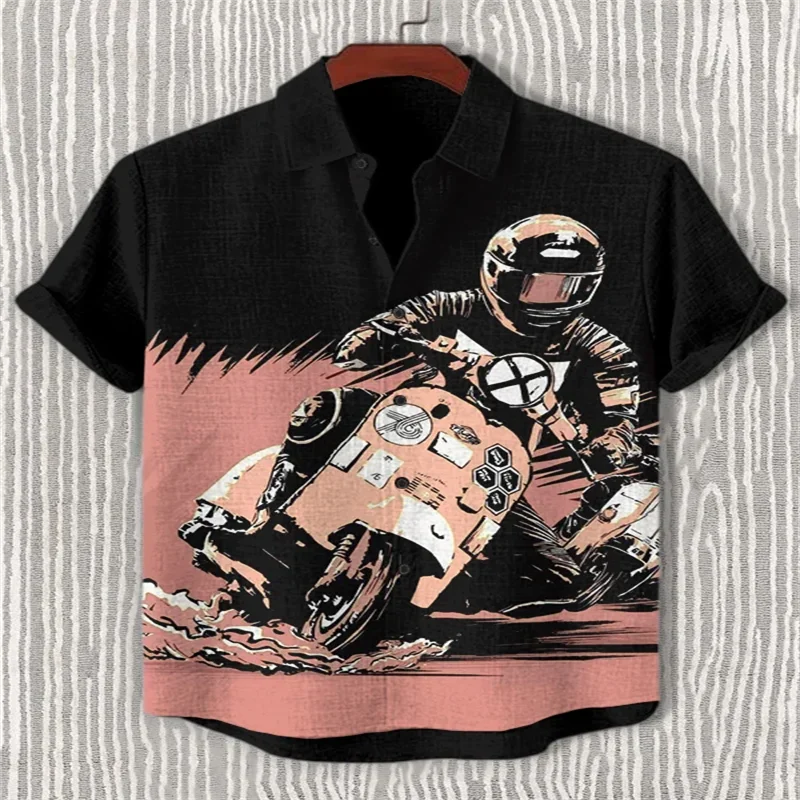 

2025 Men's Linen Short Sleeve Shirt Vintage Motorcycle Race Art Print Casual Shirt