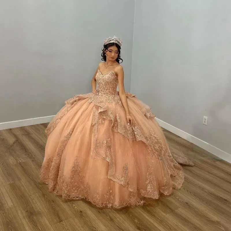 Champagne Gold Quinceanera Dress Princess Sweet 15 16 Years Birthday Party Gown Gift Long Puffy Skirt Pageant customized