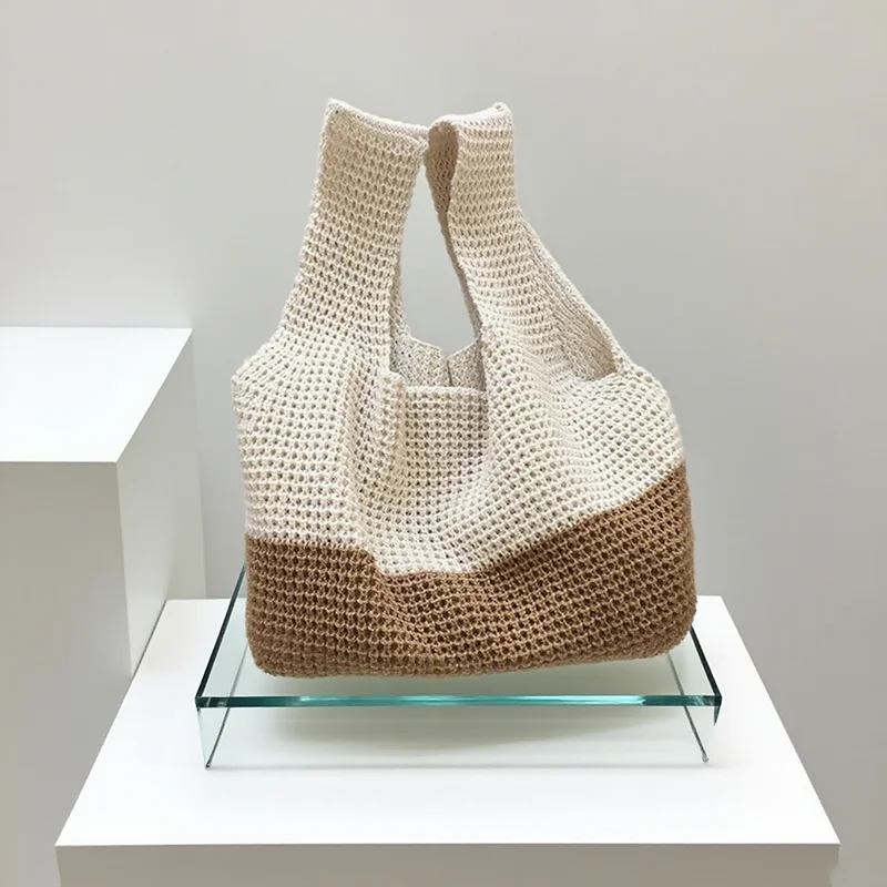 Kontrastfarben Gestrickte Einkaufstasche Mode Gewebt Lässige Handgelenktasche Damen Geldbörsen und Handtaschen Umhängetaschen Bolsas Para Mujeres