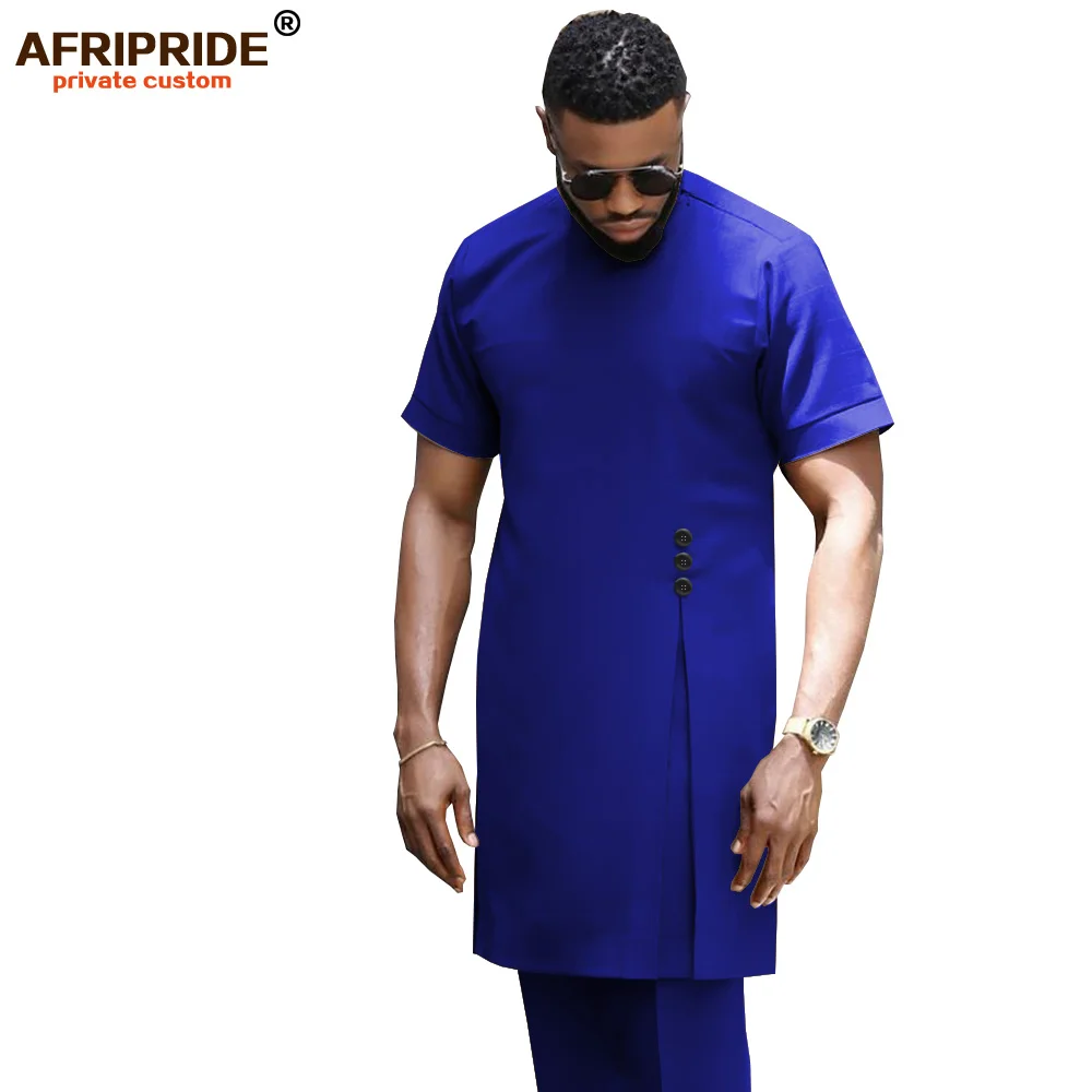 2022 African Men Clothing Traditional Set Dashiki Shirt and Ankara Pants Formal Outfit Blue Suit Tracksuit AFRIPRIDE A1916025