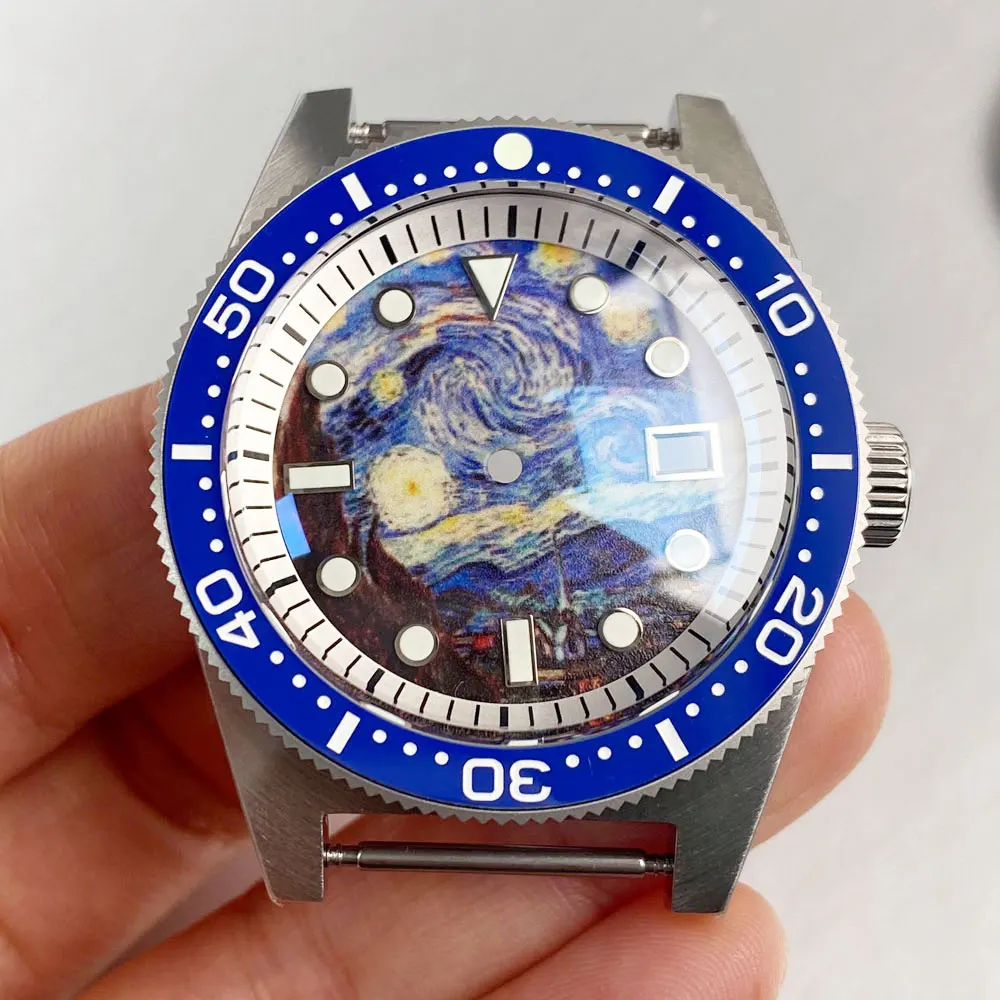 Корпус 41 мм + циферблат + стрелка + набор вставок подходит для 62MAS NH35A NH36A Лук Сапфировое стекло Завинчивающийся керамический безель с короной