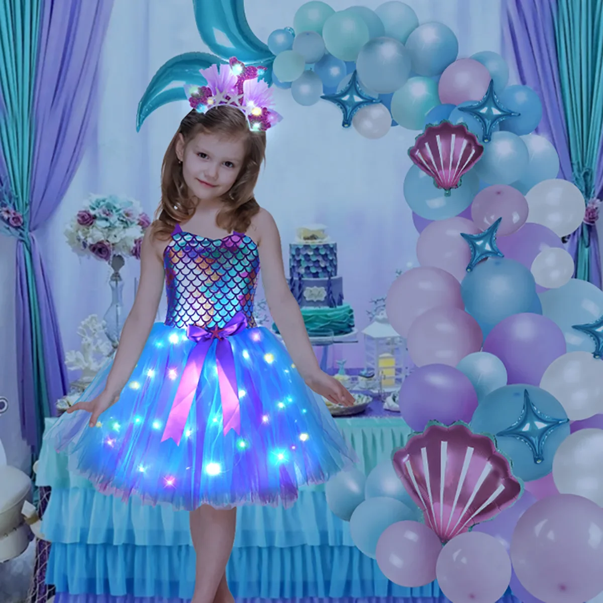 Kleine Zeemeermin Prinses Jurken Met Led Kids Tutu Jurk Voor Zeemeermin Verjaardagsfeestje Kostuums Halloween Kleding Set Voor Kinderen