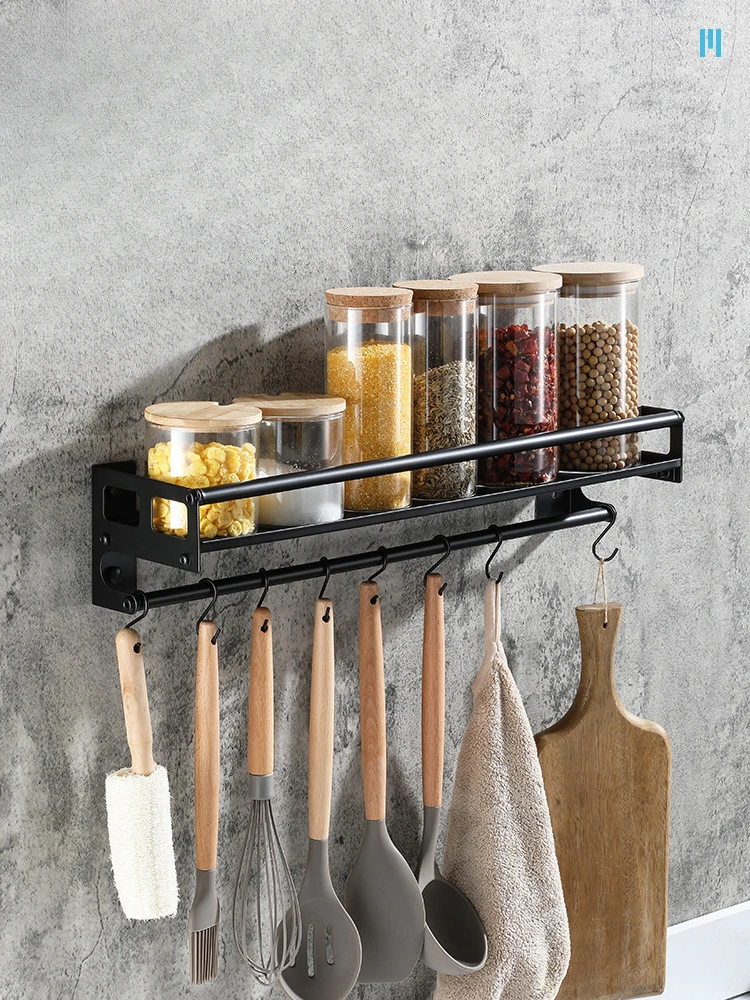 Kitchen Spice Rack Wall Mounted Seasoning Bottle Holder Punch-free Stainless Steel Shelves with Hook Kitchen Accessories