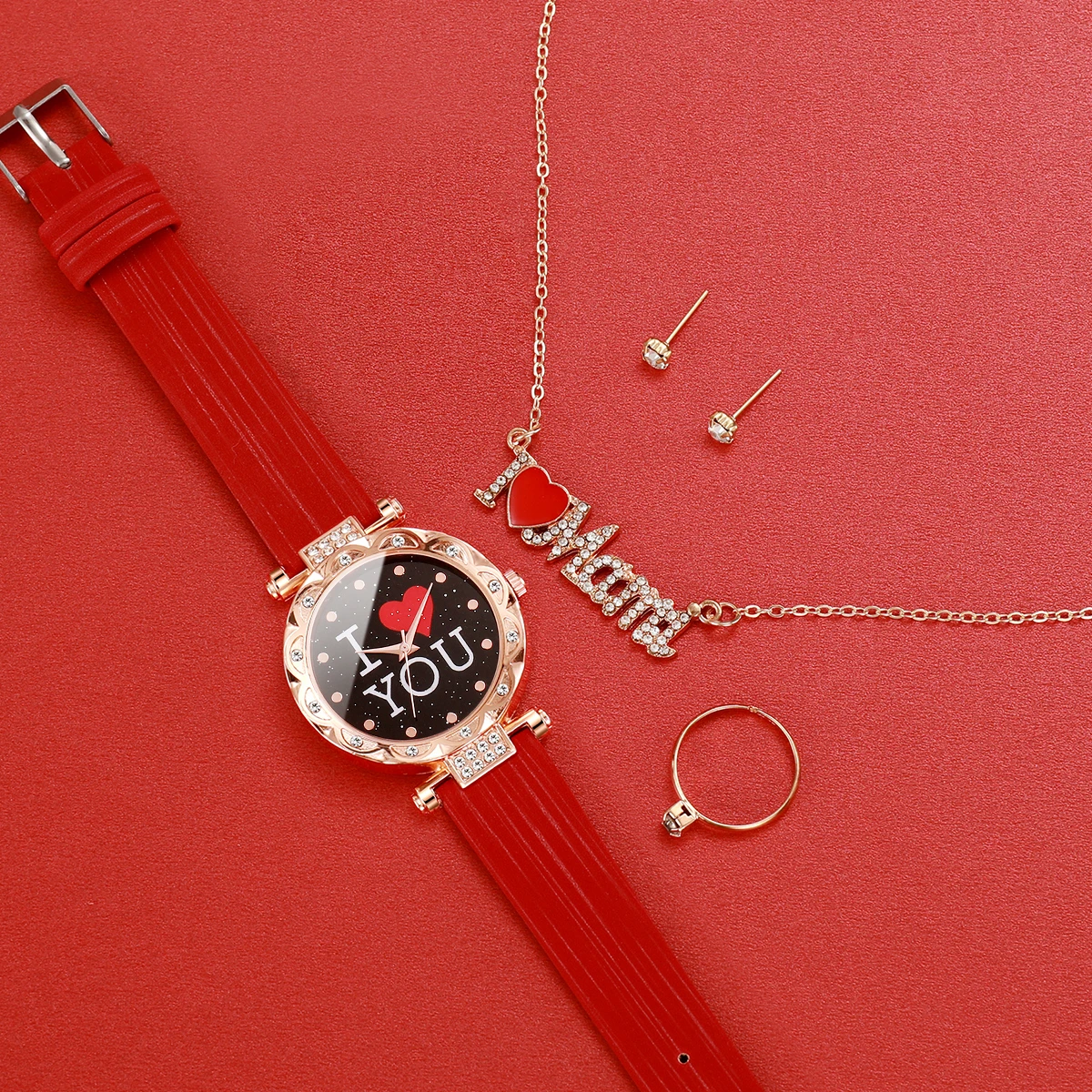 ساعة نسائية من حجر الراين بسوار جلدي ، ساعات كوارتز ، مجموعة مجوهرات ماسية ، هدية لأمي بدون صندوق ، الموضة ، 5 في كل مجموعة