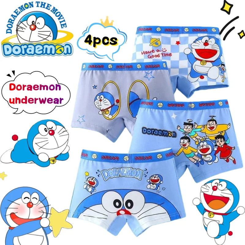 Cuecas Doraemon criativas com estampa de desenho animado de alto valor, cuecas boxer de algodão para estudantes, absorventes de suor e respiráveis, pacote com 4.