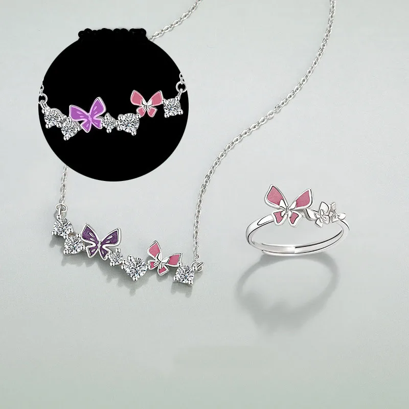 

2-piece S925 Sterling Silver Luminous Purple Butterfly Necklace With Adjustable Ring Women's Birthday Party Gift