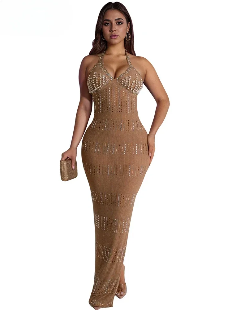 Diamonds Hot Rhinestones V-neck Women Sleeveless Bodycon Long Dress 2025 Fall Birthday Party Evening Prom Maxi Dresses