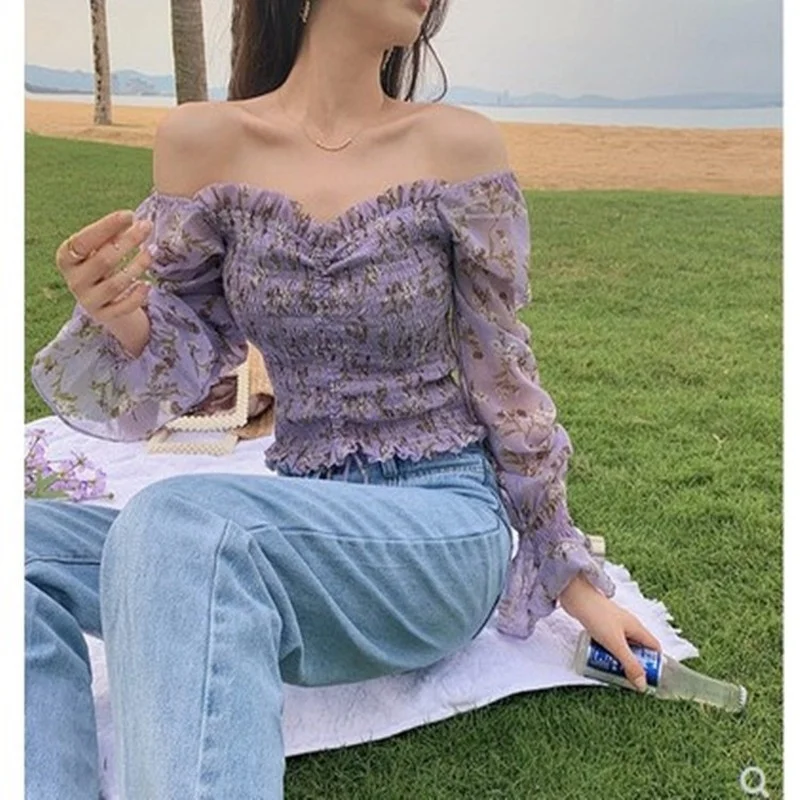 

Women Floral Pattern Sweet Purple Chiffon Tops Female 2023 Summer New Cottagecore Bubble Sleeve Tops Harajuku Mujer Camisetas