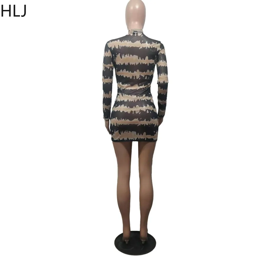 HLJ Black Sexy Mesh Perspective Print Bodycon Mini Dresses Women Round Neck Long Sleeve Slim Party Club Vestidos Female Clothing