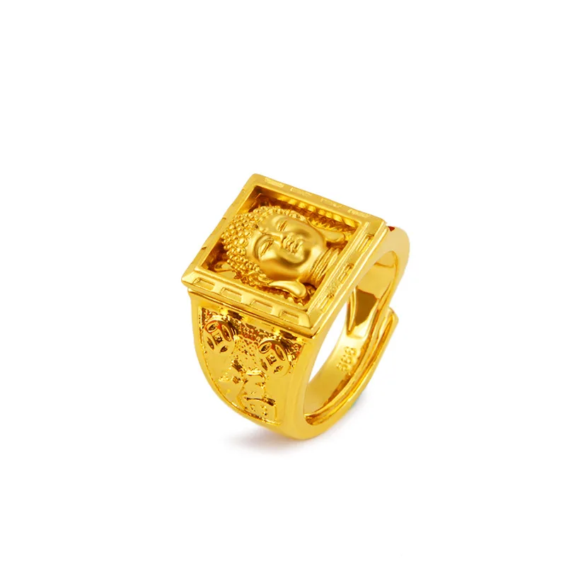 QEENKISS 24KT Gold The Buddha Ring For Men Vintage Adjustable Ring Fine Wholesale Jewelry Wedding Party Groom Father Gift RG5172