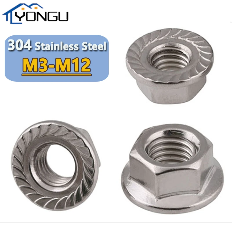 Шестигранная фланцевая гайка из нержавеющей стали 304, M3 M4 M5 M6 M8 M10 M12, шестигранные фланцевые стопорные гайки DIN6923