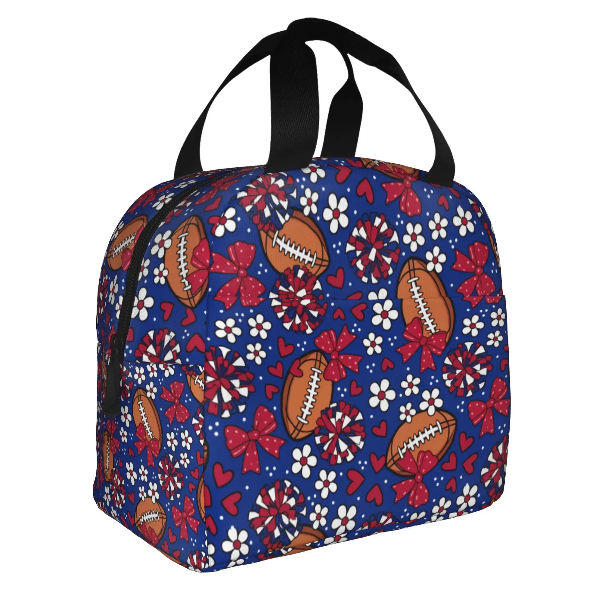 Rugby Union Cheer Bows Football  Lunch Bag Women Red And Blue Warm Cooler Insulated Lunch Box for School