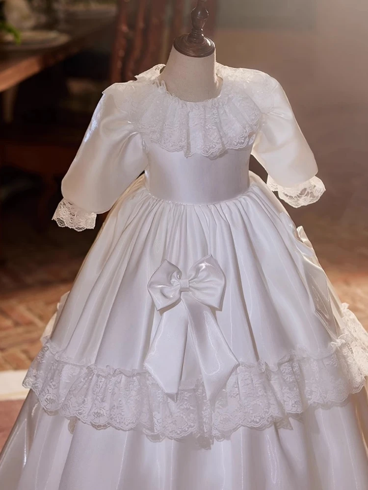 Robes de princesse en satin à manches longues pour filles, robes de demoiselle d'honneur, dentelle blanche, fête d'anniversaire, vêtements d'Halloween, première communion, image réelle, 3/4