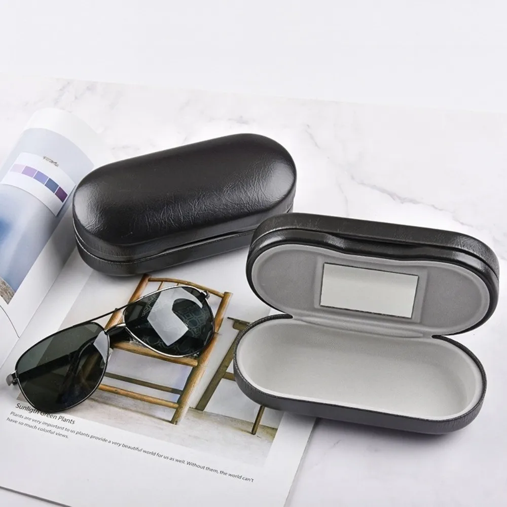 

Shockproof Dual Layered Eyewear Box Built-in Mirror Luxury Hardshell Eyewear Case PU Leather Eyewear Case Business Travel
