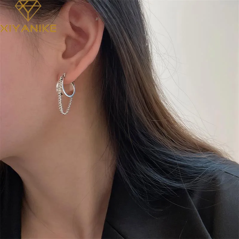 XIYANIKE Vintage Chain Round Ear Buckle Drop Dangle Hoop Earrings For Women Girl Korean Fashion Retro Jewelry Gift Party серьги