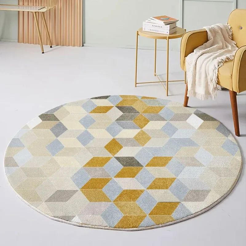 Gold Grey Rhombus Geometric Round Rug, Non Slip Modern Circle Mat for Minimalist Living Room Coffee Table Decor
