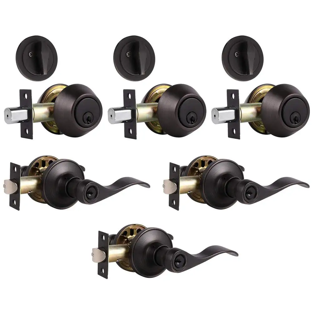 Keyed Alike Exterior Door Lock Set Wave Style Deadbolt Handle Oil Rubbed Bronze 3 Pack