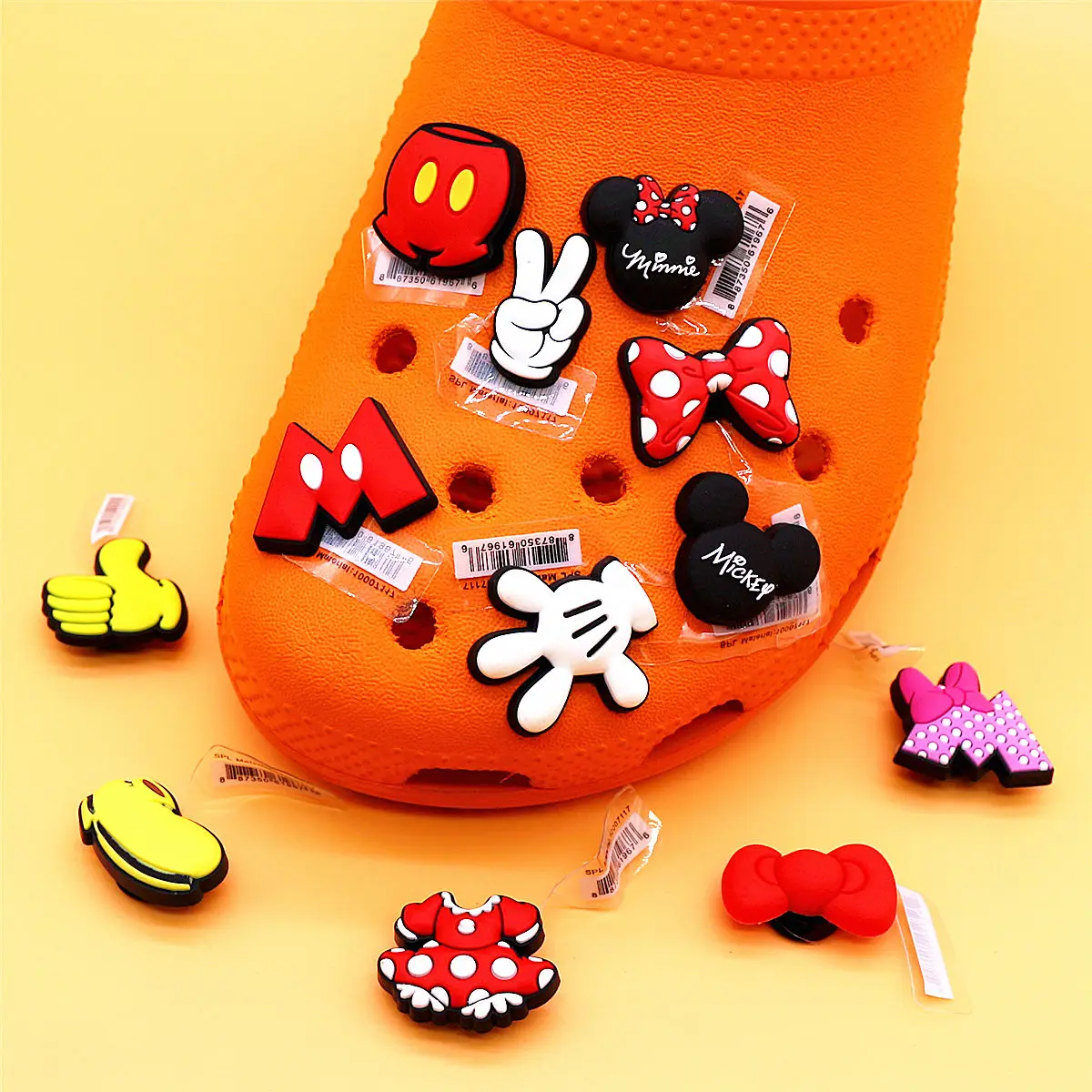 1pcs Original Cartoon Mickey Mouse Accessories Shoe Charms Sandals Decoration Red Dress Bow PVC Clogs Pin Buckle for Kids Gifts