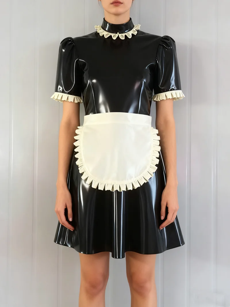 

Sexy Latex Rubber Dress for Halloween Costume Party Club Maids Uniform Dress with Apron Women's Seductive Rubber Gown