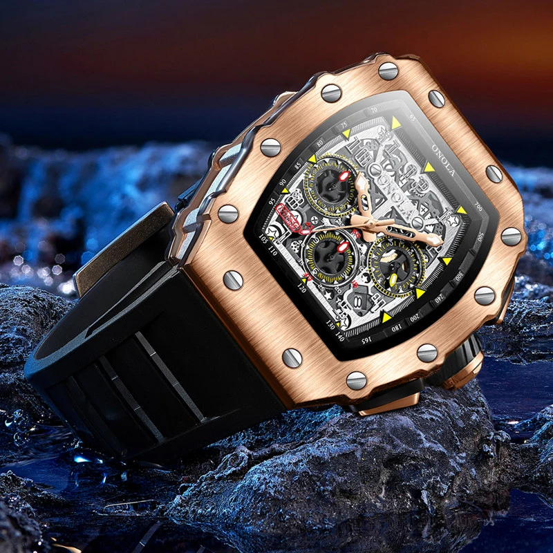 Tonneau Skeleton Mechanical Men\'s Watch Luxury Rose Gold Stainless Steel Automatic Watches High Quality Waterproof Man Clock New